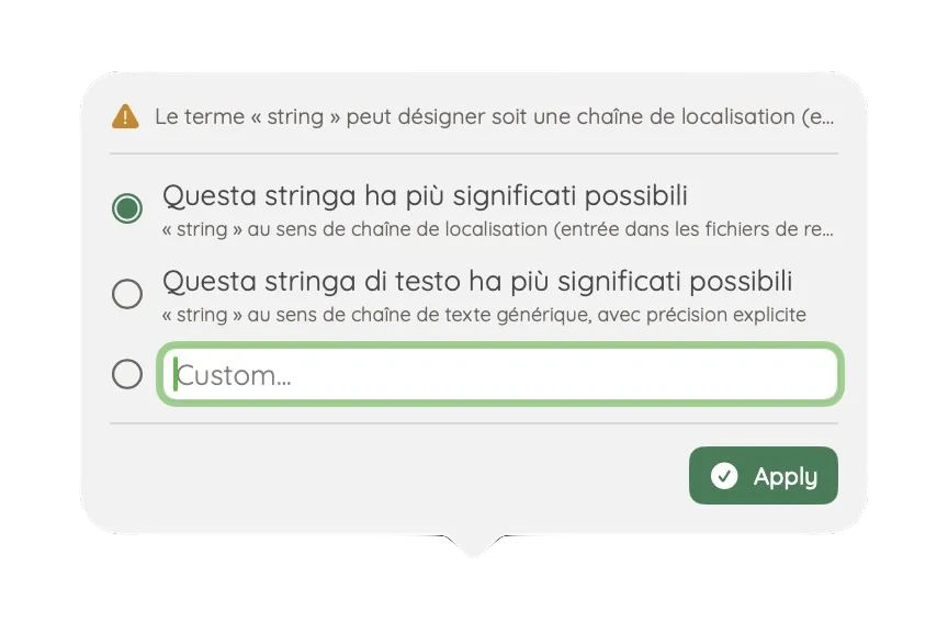 Localizee ambiguity resolution panel with alternative suggestions